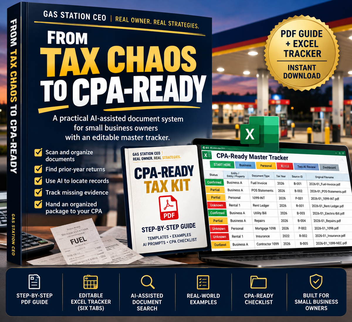 From Tax Chaos to CPA-Ready PDF guide and six-tab Excel tax document tracker for small business owners