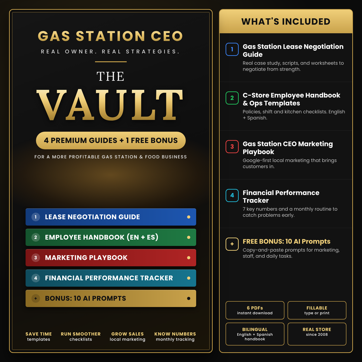 Gas Station CEO Vault bundle cover - 4 premium guides plus free 10 AI Prompts bonus
