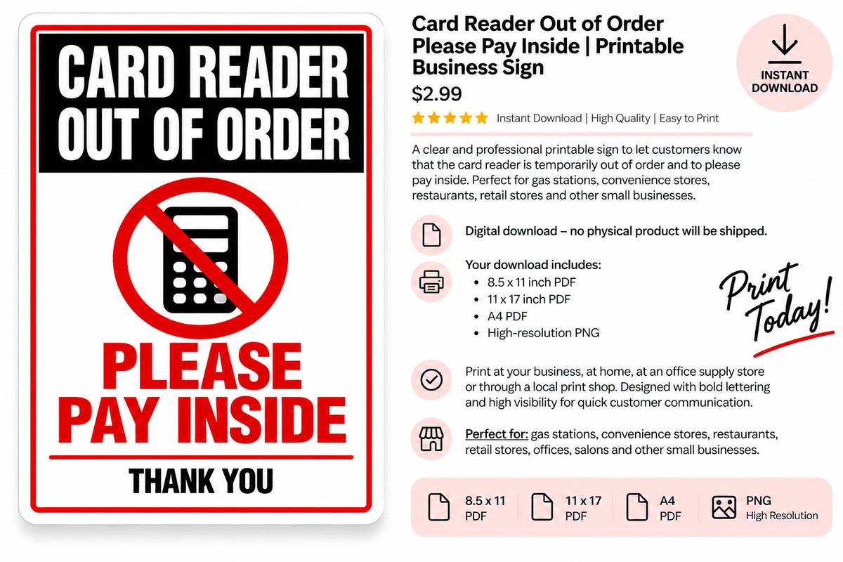 Card Reader Out of Order Please Pay Inside printable business sign digital download