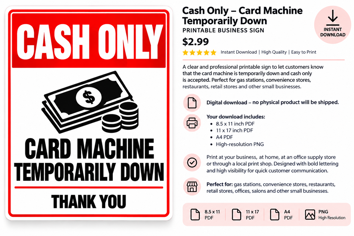 Cash Only Card Machine Temporarily Down printable business sign digital download