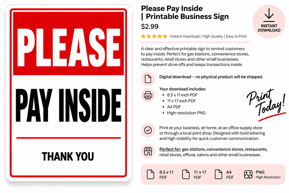 Please Pay Inside printable business sign instant digital download
