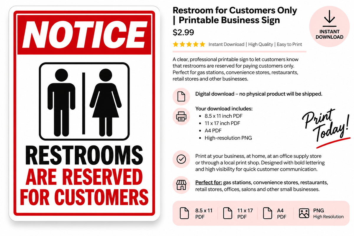 Restrooms reserved for customers printable sign with digital download details